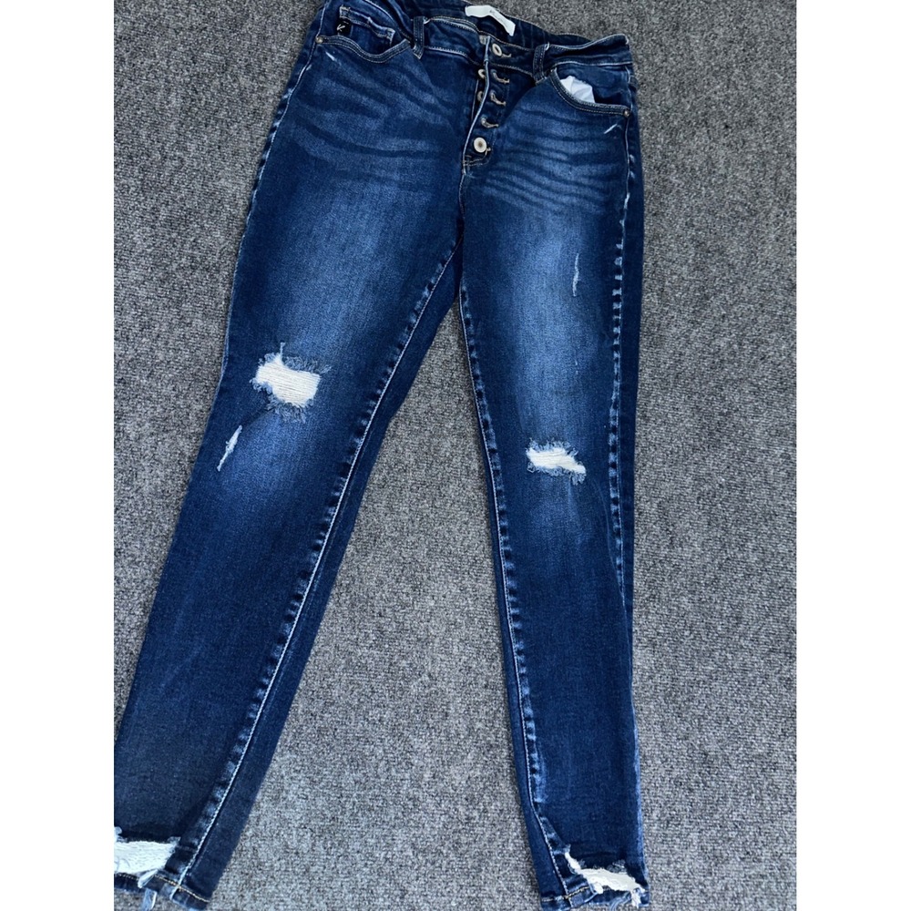 KanCan Womens High Rise Button Fly Distressed‎ Skinny Jeans Dark Wash 13/30